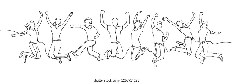 continuous line drawing of jumping happy team members. happiness, freedom, motion and people concept. smiling young friends. jumping in air. vector