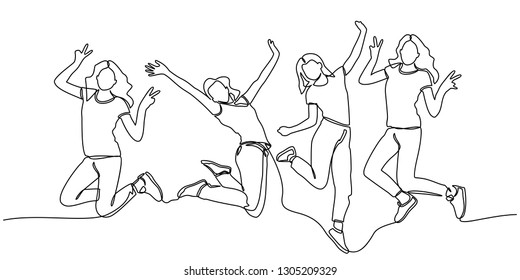 continuous line drawing of jumping happy team members. happiness, freedom, motion and people concept. smiling young friends. jumping in air. vector - Vector