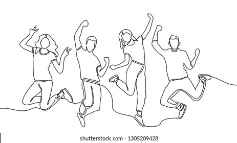 continuous line drawing of jumping happy team members. happiness, freedom, motion and people concept. smiling young friends. jumping in air. vector - Vector