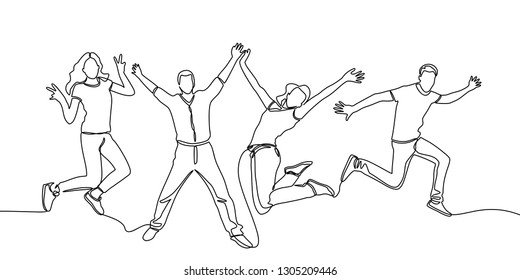 continuous line drawing of jumping happy team members. happiness, freedom, motion and people concept. smiling young friends. jumping in air. vector - Vector