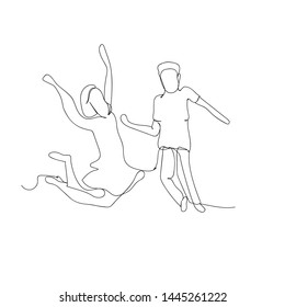 continuous line drawing of jumping happy couple. isolated sketch drawing of jumping happy couple line concept. outline thin stroke vector illustration