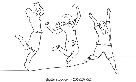 continuous line drawing of jumping happy team members