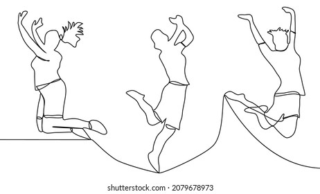 continuous line drawing of jumping happy team members