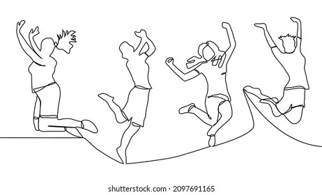 continuous line drawing of jumping happy team members