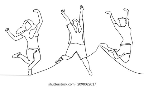 continuous line drawing of jumping happy team members