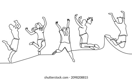 continuous line drawing of jumping happy team members