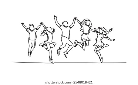 continuous line drawing of jumping happy team members. happiness, freedom, motion and people concept. smiling young friends. jumping in air. vector