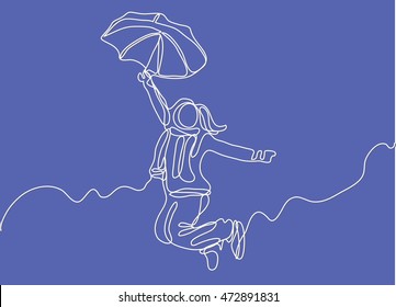 continuous line drawing of jumping happy woman with umbrella