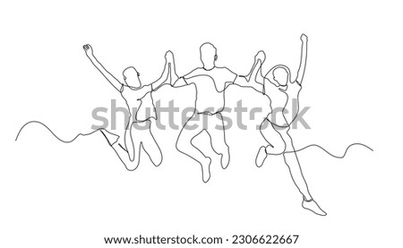 Continuous line drawing of jumping happy friends. Happy friends enjoying continuous line art design. happy teenagers jumping line art. happiness, freedom, motion, and people concept
