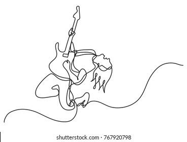 Continuous Line Drawing Of Jumping Rock Guitarist