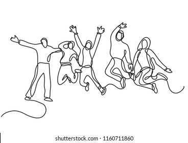 continuous line drawing of jumping team of people