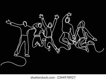 continuous line drawing of jumping team of people