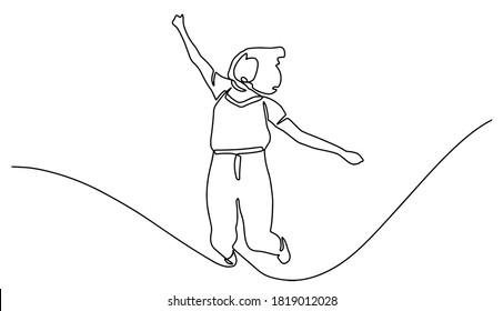 Continuous line drawing of jumping woman. A woman jump looks happy with toss hand sign. Continuous line drawing Woman jumps for happy. Vector illustration.