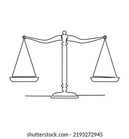 Continuous line drawing of justice scale. Law balance symbol. Vector illustration