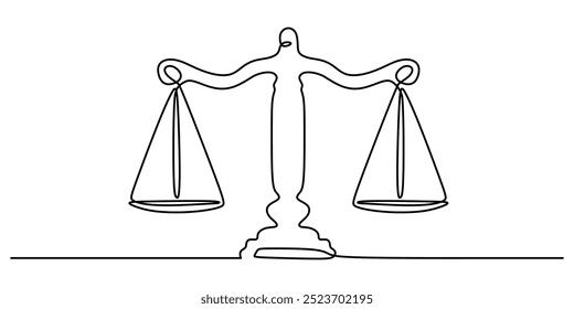 Continuous line drawing of a justice scale. A minimalist illustration symbolizing fairness and balance in the legal system. Vector illustration.