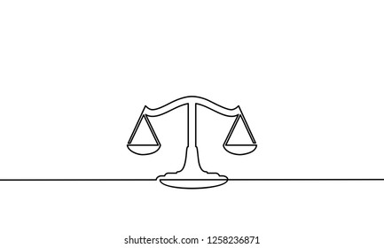 Continuous line drawing of justice scales. vector illustration for banner, poster, web, template. Black thin line image of justice scales icon