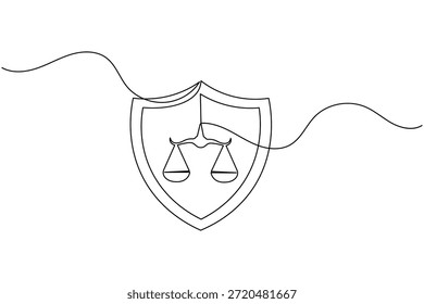 Desenho em linha contínua de escudo de justiça com balanças para proteção da lei
