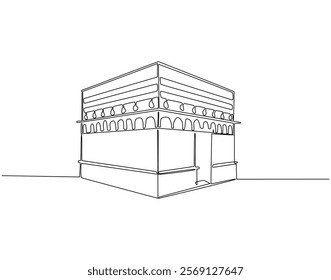 Continuous line drawing of kaaba mecca. Single line illustration of islamic kaaba. Umrah, holy place concept. Editable outline
