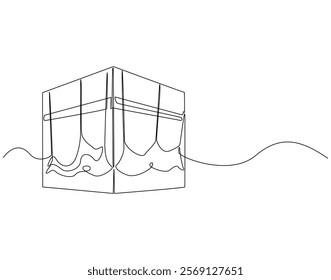 Continuous line drawing of kaaba mecca. Single line illustration of islamic kaaba. Umrah, holy place concept. Editable outline