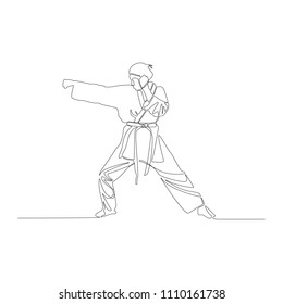 Continuous line drawing Karate girl makes a punch. Vector illustration.