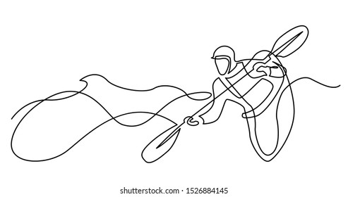 continuous line drawing of kayaker doing extreme rafting on rough waters