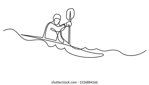 continuous line drawing of kayaker doing extreme rafting on rough river waters