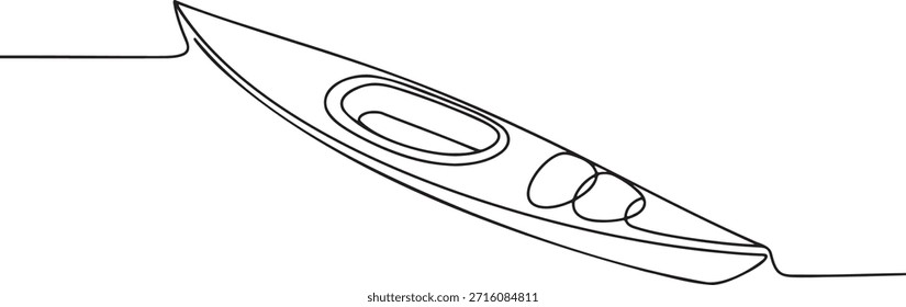 Continuous line drawing of kayaking. Single line art of a sporty canoe. Minimalist style illustration of a sea boat. Simple stroke of a water vehicle for recreation and sport. One line drawing of a sleek kayak perfect for outdoor adventures and aquatic activities.
