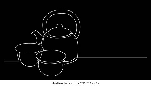 continuous line drawing of kettle and two tea cups