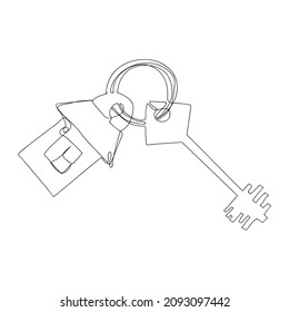 Continuous line drawing key with house keychain, mortgage concept. Vector illustration.