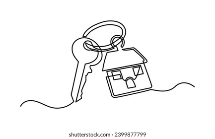 Continuous line drawing of a key with a house shape. giving key with house icon single-line art, the concept of apartment, security, real estate.