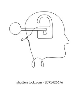 Continuous Line Drawing, Key Opens The Lock In The Head, Concept Of Business Ideas, Unleash Your Potential, Vector Illustration.