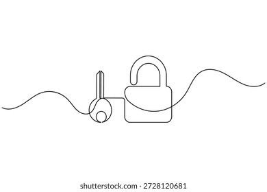 Continuous line drawing of a key and padlock representing security, access, and freedom