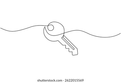 Continuous line drawing of a key for security and access concept, Continuous one line drawing of key. Single line drawing illustration of key for unlock ability. Key concept vector art.