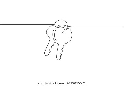 Continuous line drawing of a key for security and access concept, Continuous one line drawing of key. Single line drawing illustration of key for unlock ability. Key concept vector art.