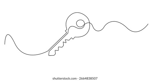Continuous line drawing of a key, symbolizing access, security, or solutions. Minimalist design perfect for concepts like unlocking potential or digital protection. Clean and modern style