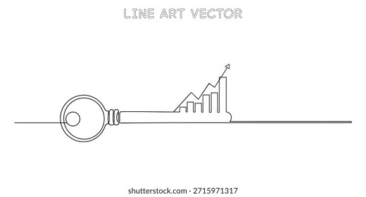Dibujo continuo de una línea clave que se transforma en un gráfico financiero ascendente. Simbolizando el crecimiento del negocio, el éxito y el desbloqueo del potencial. Diseño minimalista. Ilustración vectorial