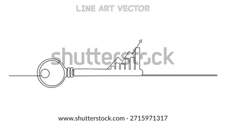 Continuous line drawing of a key transforming into an ascending financial graph. Symbolizing business growth, success, and unlocking potential. Minimalist design. Vector illustration