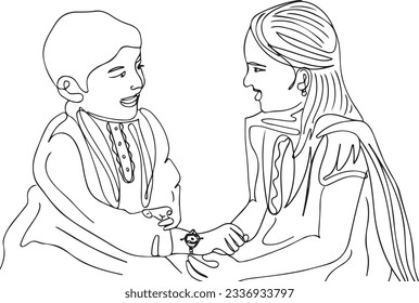 Continuous Line Drawing: Kids Celebrating Rakhi Festival, Siblings in Continuous Outline: Rakhi Celebration