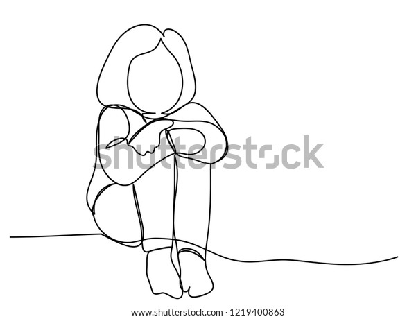 Continuous Line Drawing Kids Sitting Sad Stock Vector (Royalty Free ...