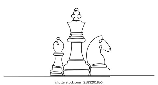 Continuous line drawing of King, Bishop, Knight, chess pieces.Single one-line drawing chess pieces strategy, management, or leadership business concept.chess game isolated on a white background.