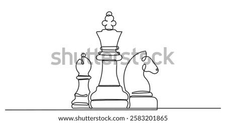Continuous line drawing of King, Bishop, Knight, chess pieces.Single one-line drawing chess pieces strategy, management, or leadership business concept.chess game isolated on a white background.