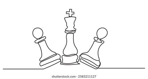 Continuous line drawing of King, Pawn chess pieces.Single one-line drawing chess pieces strategy, management, or leadership business concept.chess game isolated on a white background.