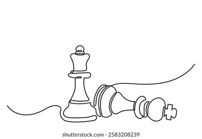 Continuous line drawing of King, Queen chess pieces.Single one-line drawing chess pieces strategy, management, or leadership business concept.chess game isolated on a white background.