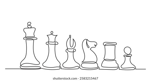 Continuous line drawing of King, Queen, Rook, Bishop, Knight and Pawn  chess pieces.Single one-line drawing chess pieces strategy, management, or leadership business concept.chess game isolated.