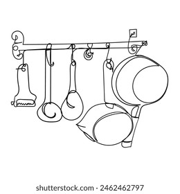 Continuous line drawing. A kitchen utensil rack with various cooking tools neatly organized for easy access and storage. Icon vector illustration