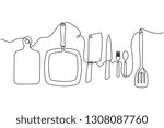 continuous line drawing of kitchen utensils or cooking utensils. illustration of set of plates, knives, pots isolated on a white background. vector