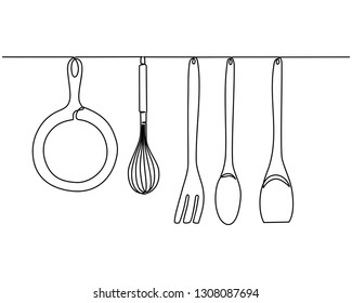Continuous Line Drawing Of Kitchen Utensils Or Cooking Utensils. Illustration Of Set Of Plates, Knives, Pots Isolated On A White Background. Vector