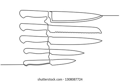 continuous line drawing of kitchen utensils or cooking utensils. illustration of an isolated knife set on a white background. one line knife vector