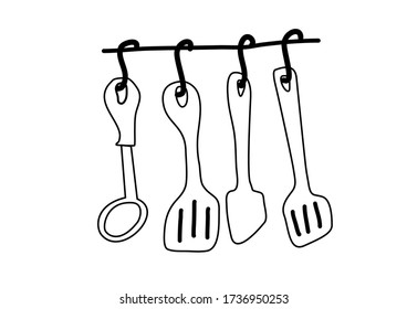 Continuous line drawing of kitchen utensils or cooking utensils on vector white background