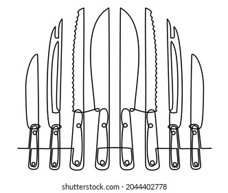 Continuous line drawing of kitchen utensils or cooking utensils. Illustration of an isolated knife set on a white background. One line knife vector